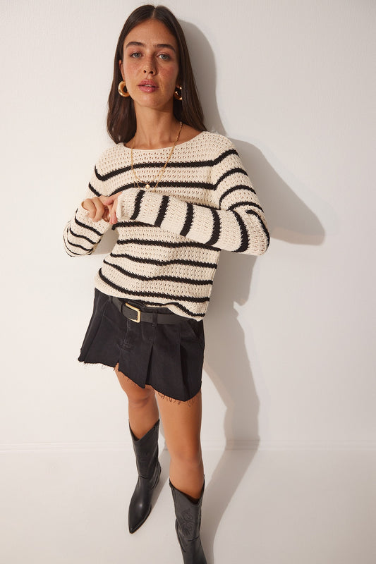 Happiness İstanbul Women's Cream Striped Openwork Knitwear Sweater Women