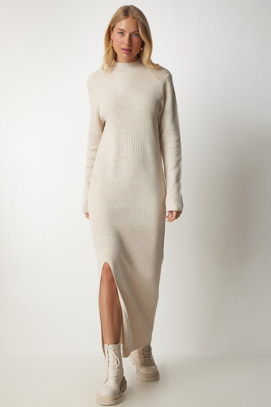 Happiness İstanbul Women's Beige Turtleneck Slit Long Knitwear Dress Women