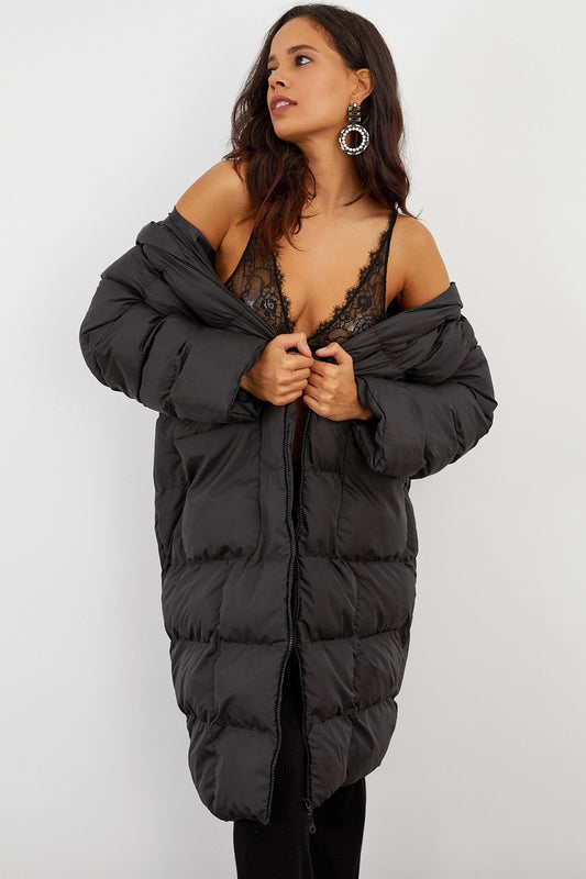 Cool & Sexy Woman's Black Hooded Inflatable Long Coat MX06 Women