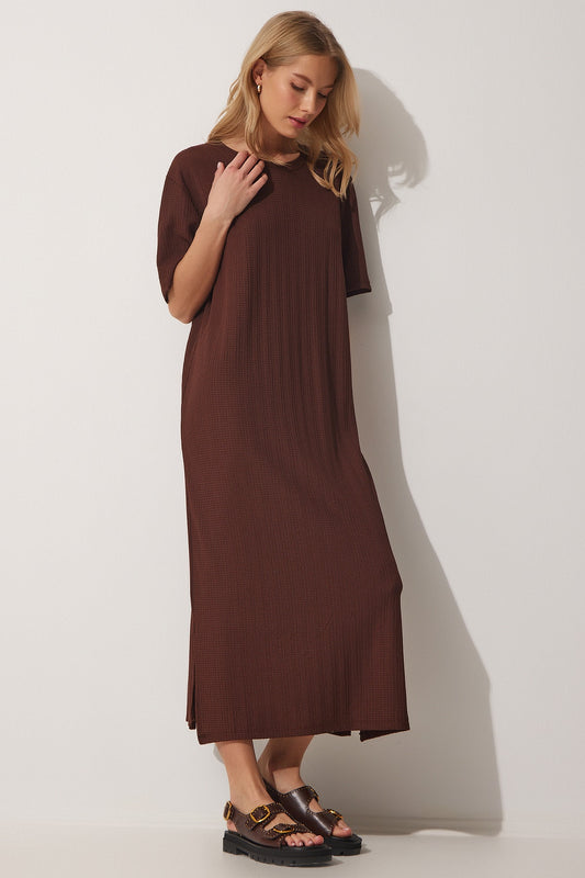 Happiness İstanbul Brown Knitted - Casual Loose Fit Dress Women