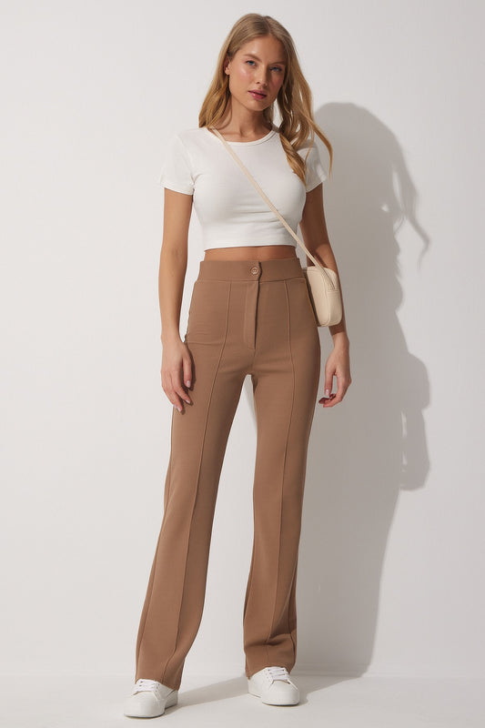 Happiness İstanbul Women's Biscuit High Waist Lycra Comfortable Knitted Trousers Women