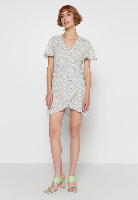 Overlap Mini Dress-Bluegrey Blossom Pattern Women